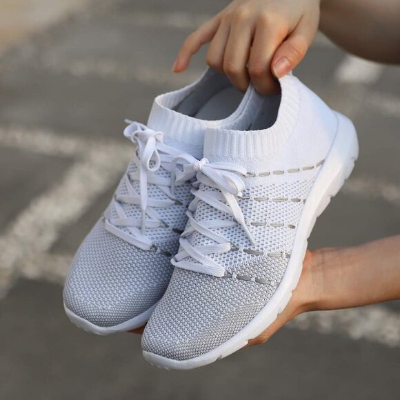 Women White  Running Breathable Knitting flexible Mesh Sports Shoes Sneakers - Picture 6 of 7